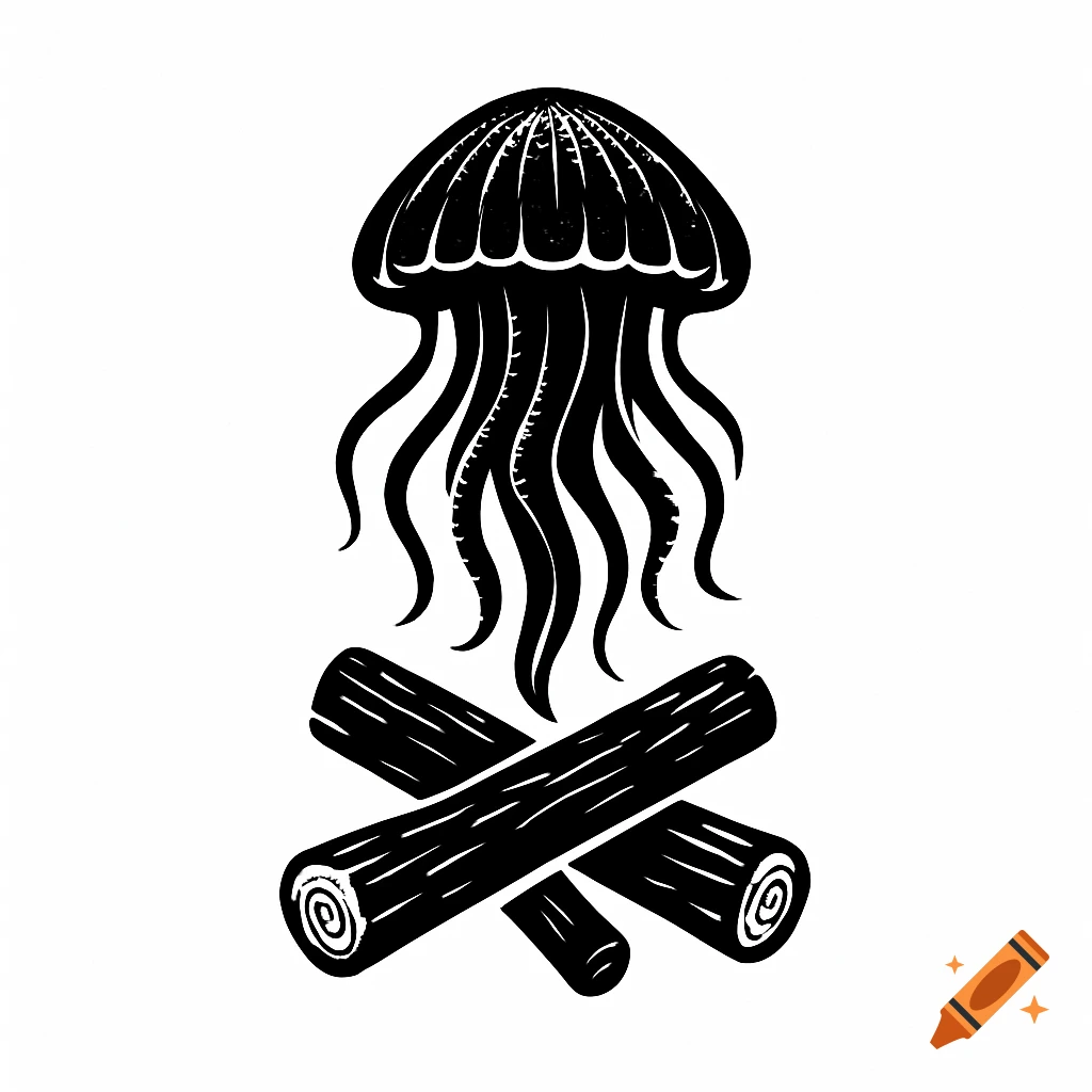 Black and white illustration logo of a jellyfish over campfire logs
