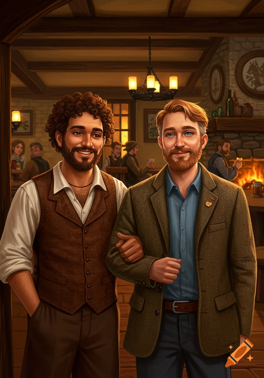 Two smiling men stand together in a warm, busy pub, arm in arm.