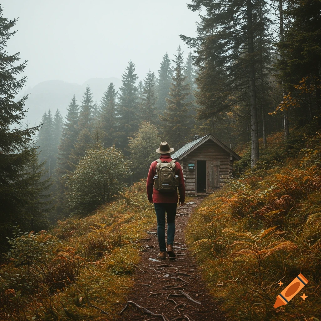 A person wearing a red jacket and backpack walks on a trail towards a small wooden cabin in a misty forest.