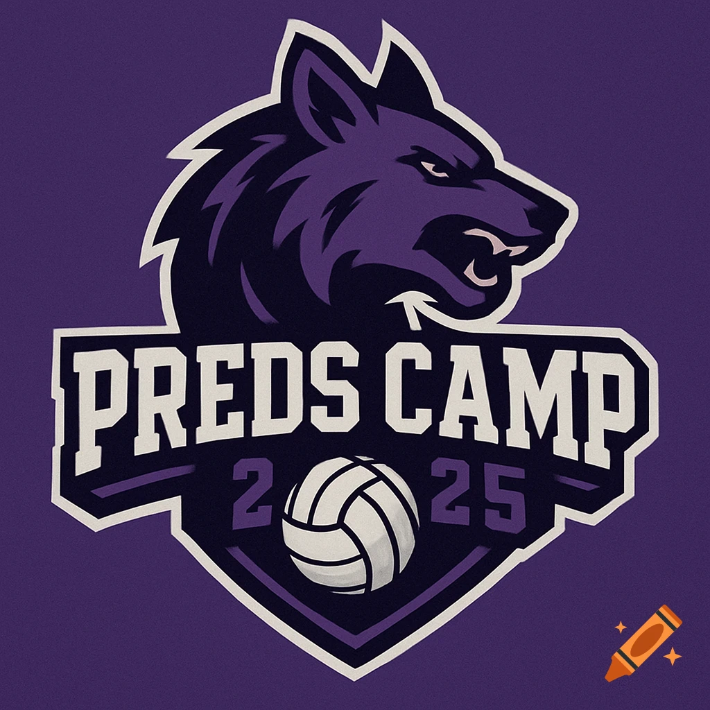 A purple logo featuring a wolf head, the text 'PREDS CAMP 2025', and a volleyball.