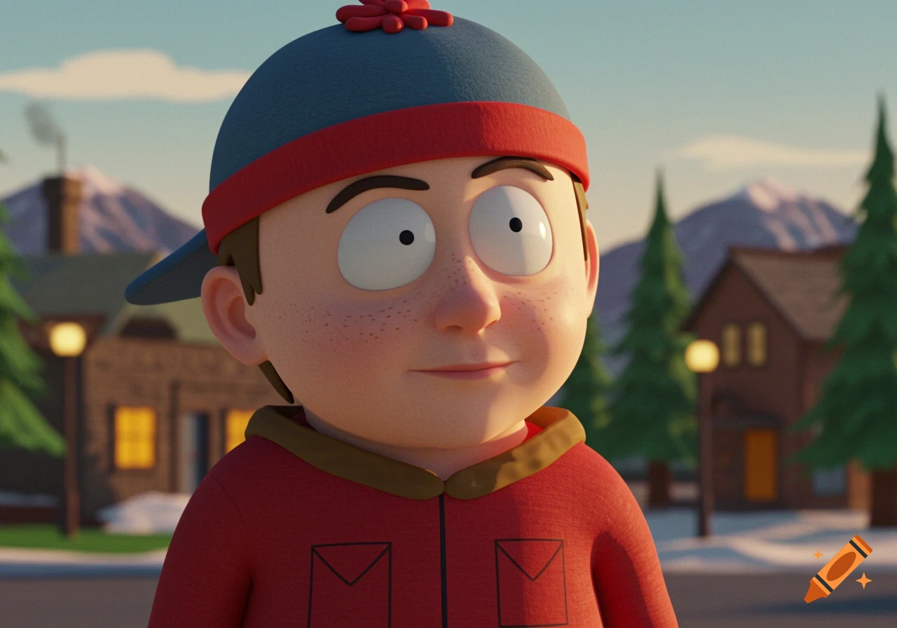 A 3D rendered character resembling Stan Marsh from South Park, in a winter town.