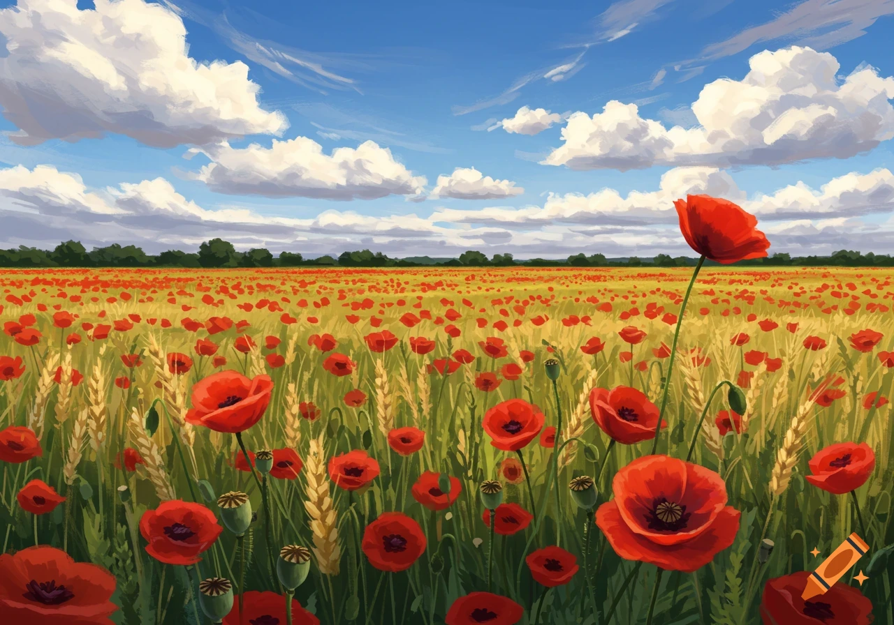 A field of red poppies and wheat under a cloudy blue sky in a painterly style.