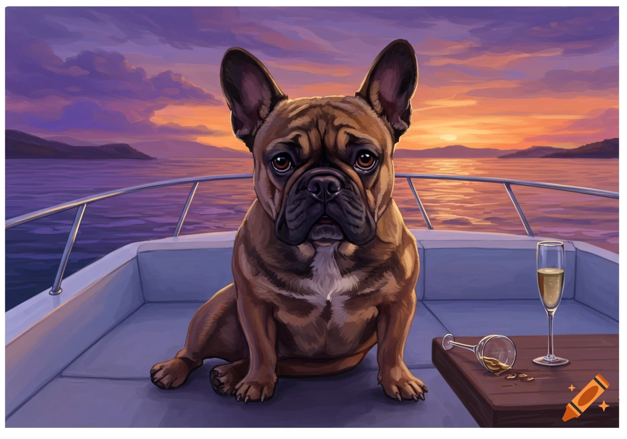 Illustration of a French bulldog sitting on a boat deck at sunset next to a spilled champagne glass.