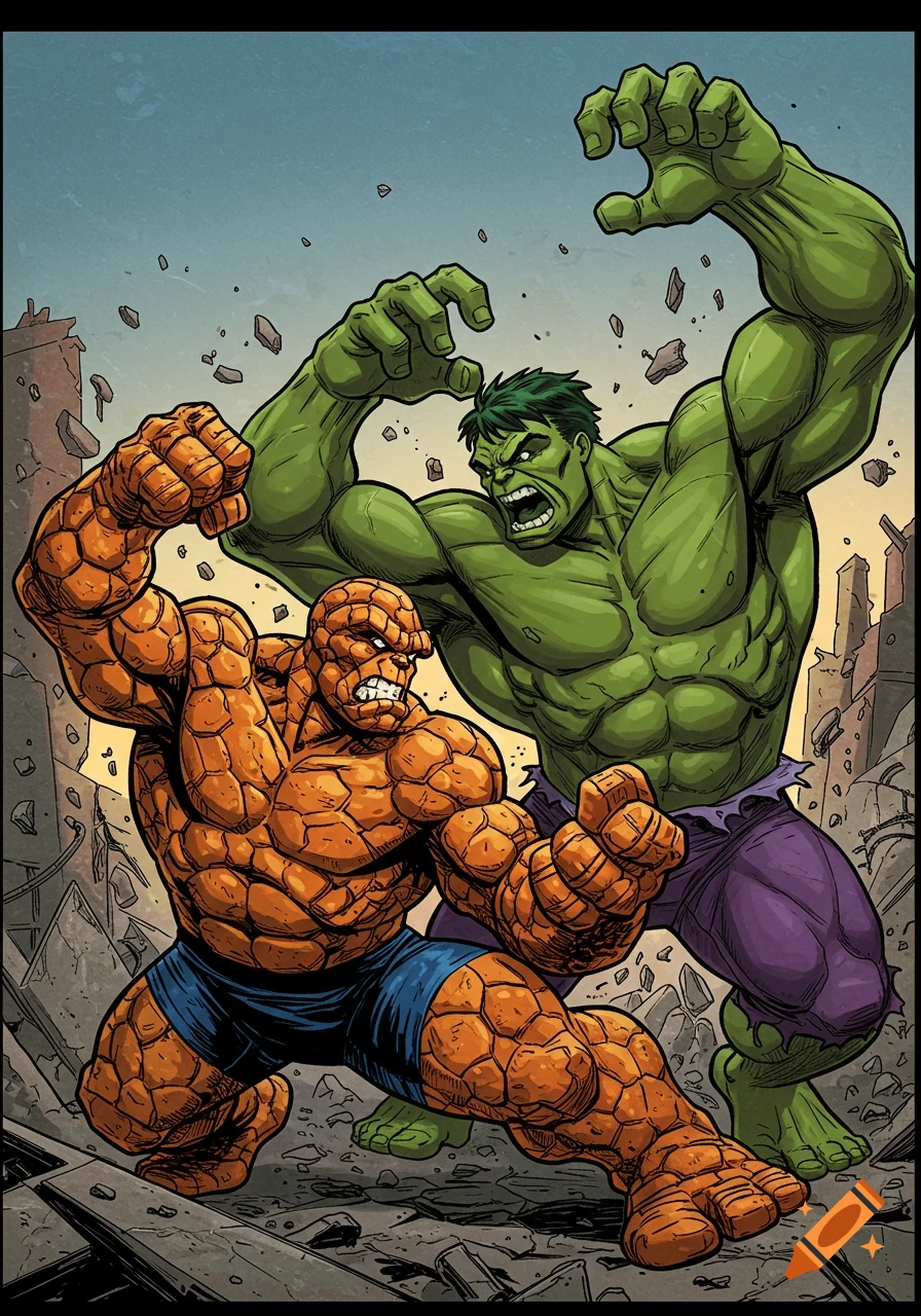 The Thing fights the Hulk in a comic book style illustration of destruction
