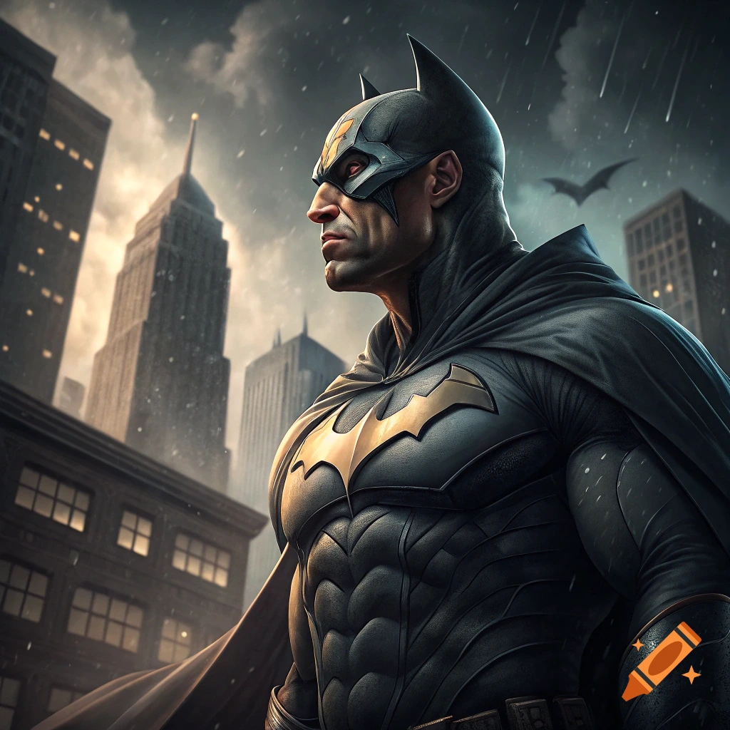 Photorealistic portrait of Batman standing in a rainy city.