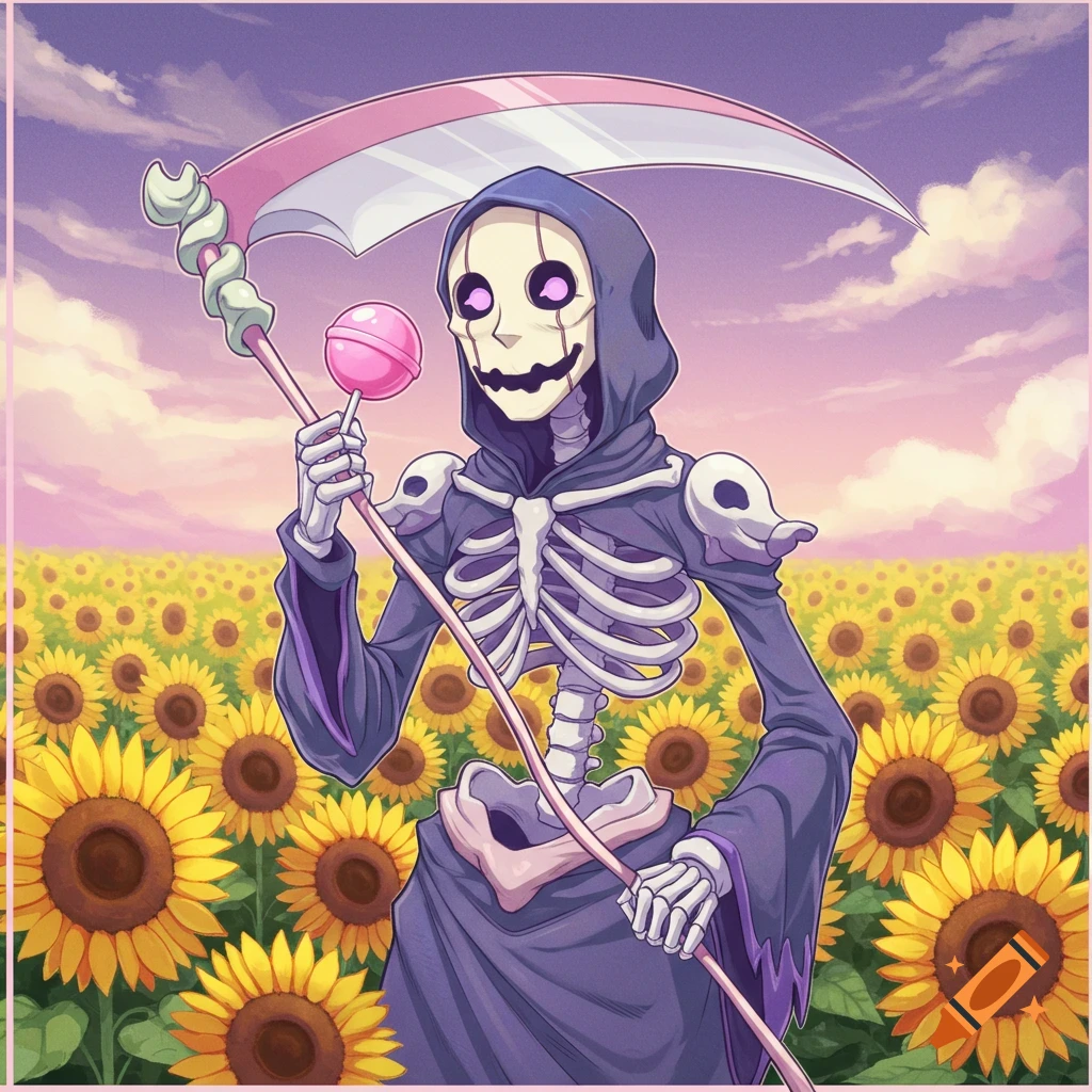 A cartoon skeleton in a purple robe stands in a field of sunflowers, holding a scythe and a pink lollipop.