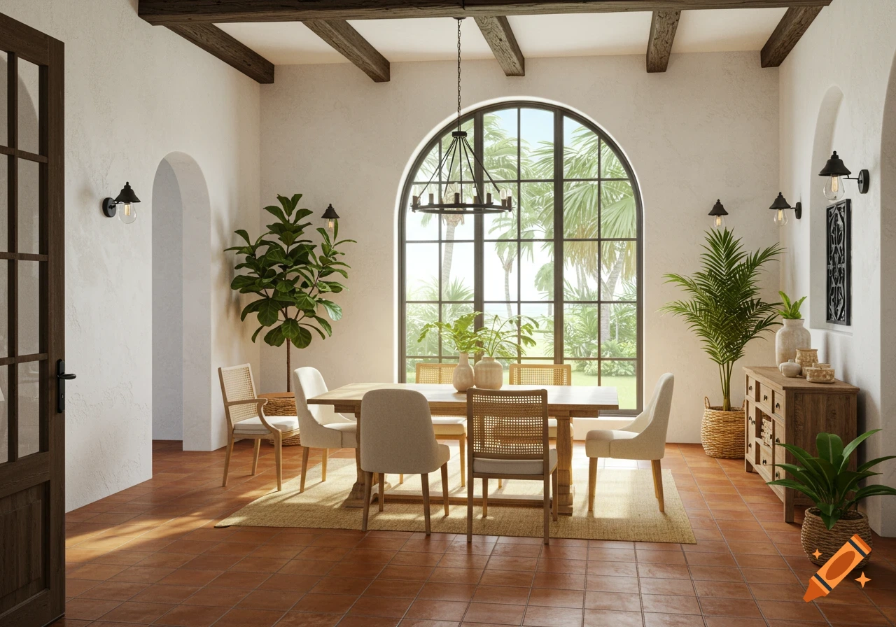 A dining room with a rustic table and chairs, arched window overlooking palm trees, exposed beams, terracotta floor, and plants.