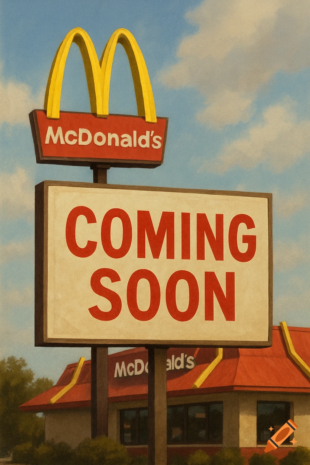 McDonald's sign with 'COMING SOON' over building under cloudy sky