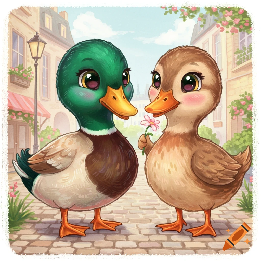 Cartoon of two cute ducks in a street, one holding a flower.