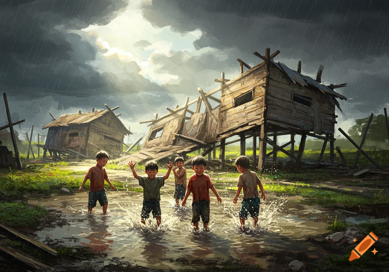Children splash in puddles in the rain near collapsed huts, digital painting.