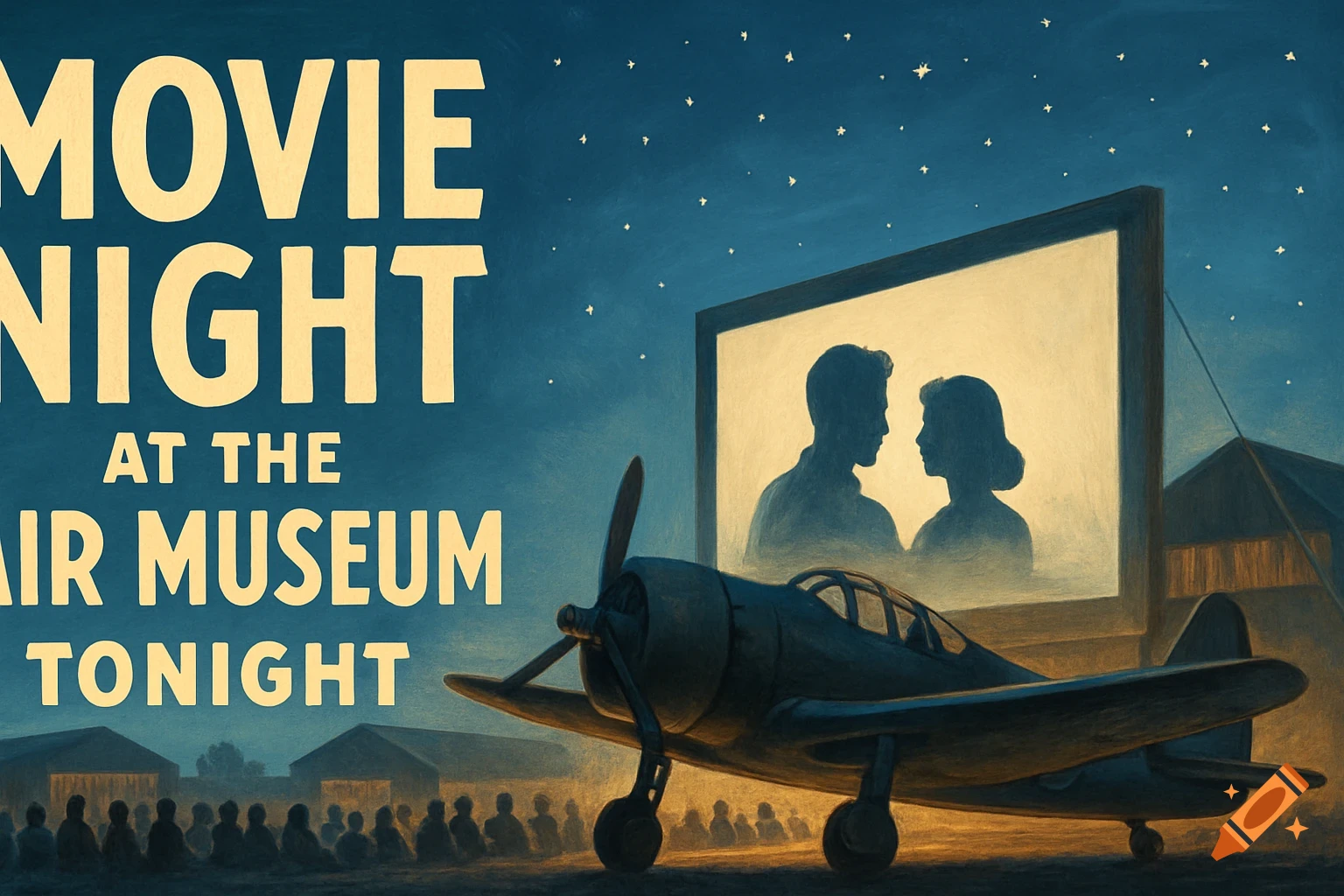 Outdoor movie night at an air museum with an airplane in the foreground and screen showing silhouettes.