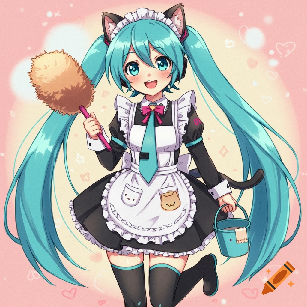 Anime girl with aqua pigtails, cat ears, and a maid outfit holds a feather duster and bucket.