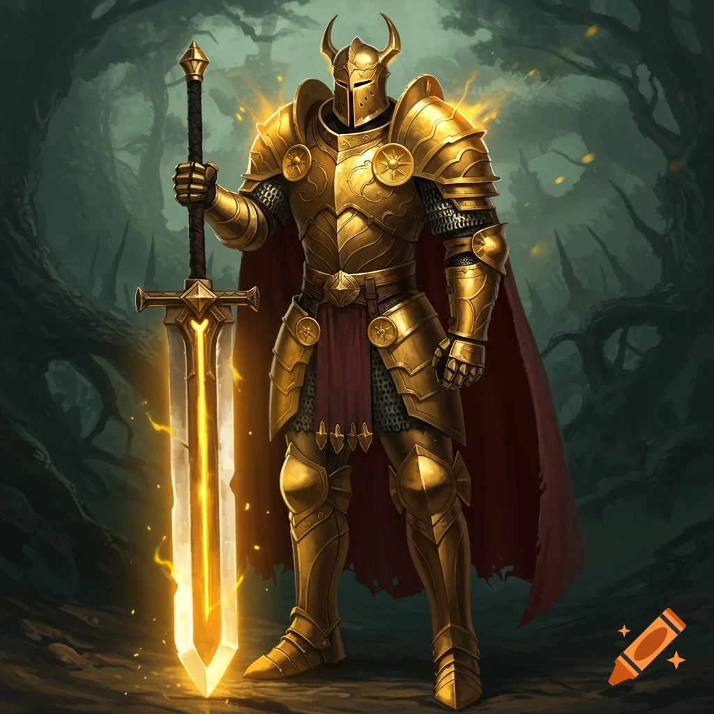 A golden armored knight stands in a dark forest holding a large glowing sword. Fantasy art style.