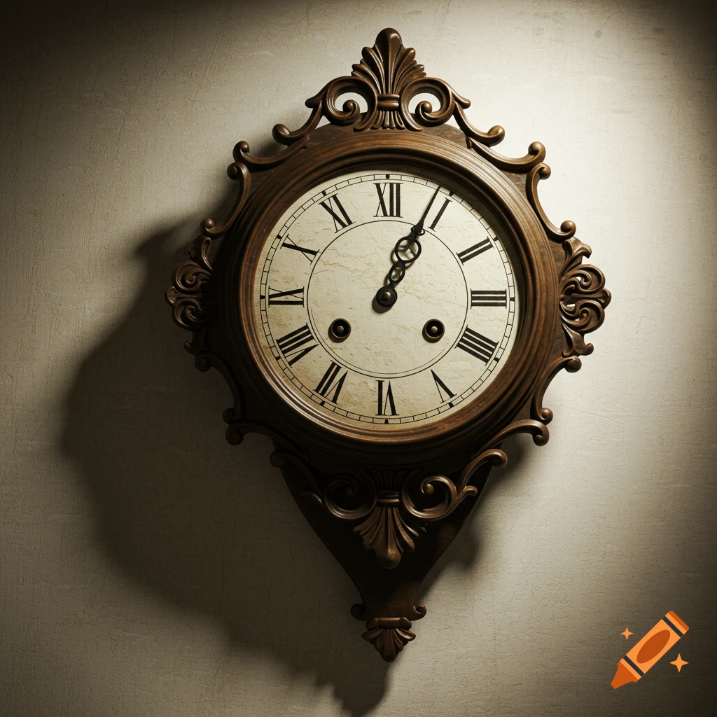 Ornate antique wooden clock with Roman numerals hanging on a textured wall.