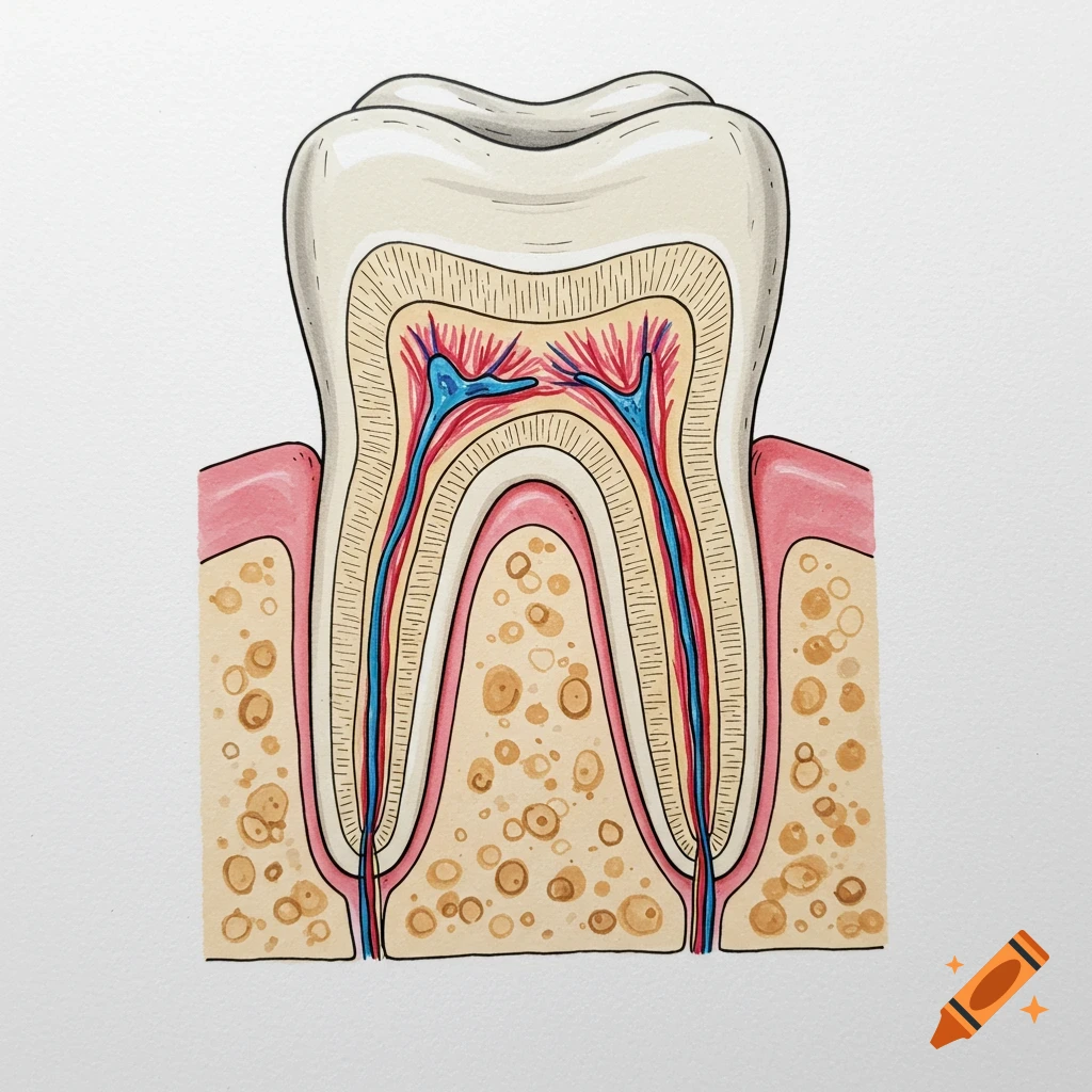 Illustration of a tooth cross-section showing internal structures like enamel, dentin, pulp, and roots.
