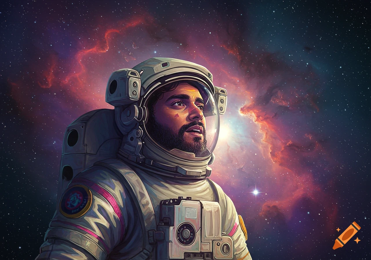 Close-up illustration of an astronaut looking up at a colorful nebula in space.