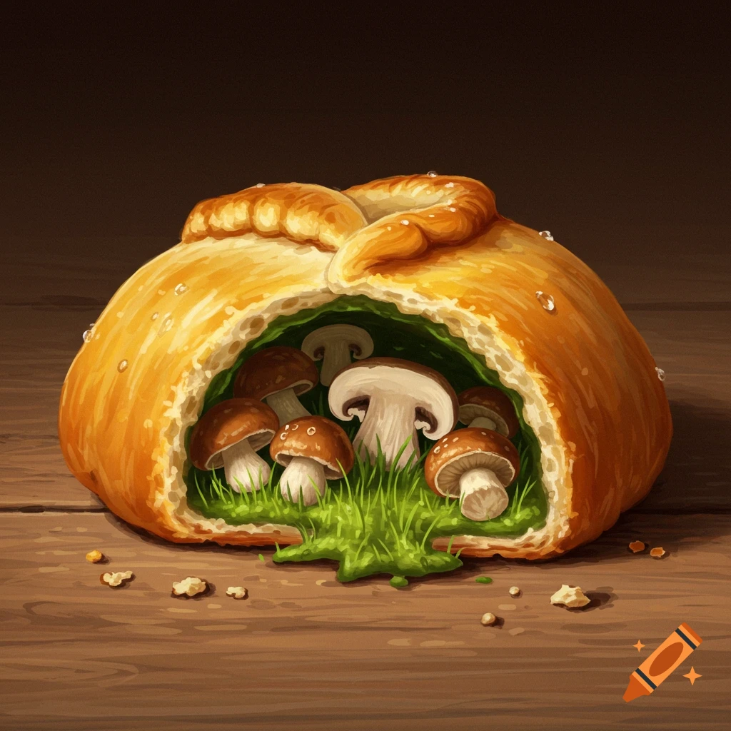 Painted image of a pastry cut open, revealing mushrooms and grass inside.