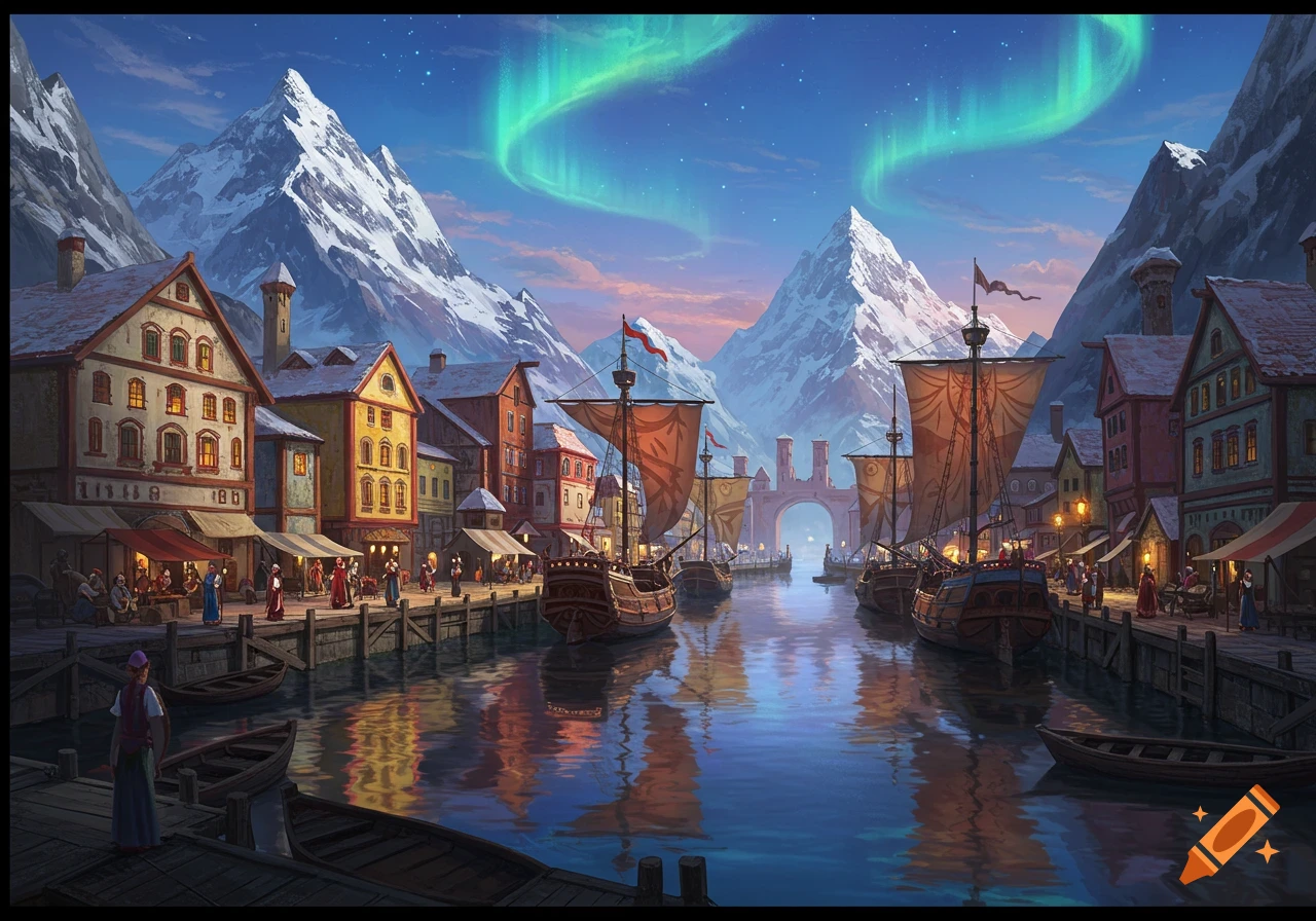 A fantasy harbor town with boats on the water, surrounded by snowy mountains under an aurora sky.