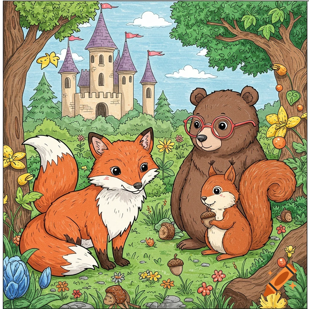 Coloring page illustration of cartoon animals in a forest with a castle