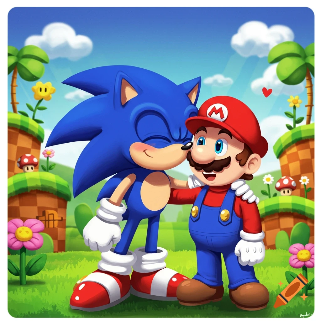 Sonic hugs and kisses Mario in a vibrant Super Mario Bros. landscape