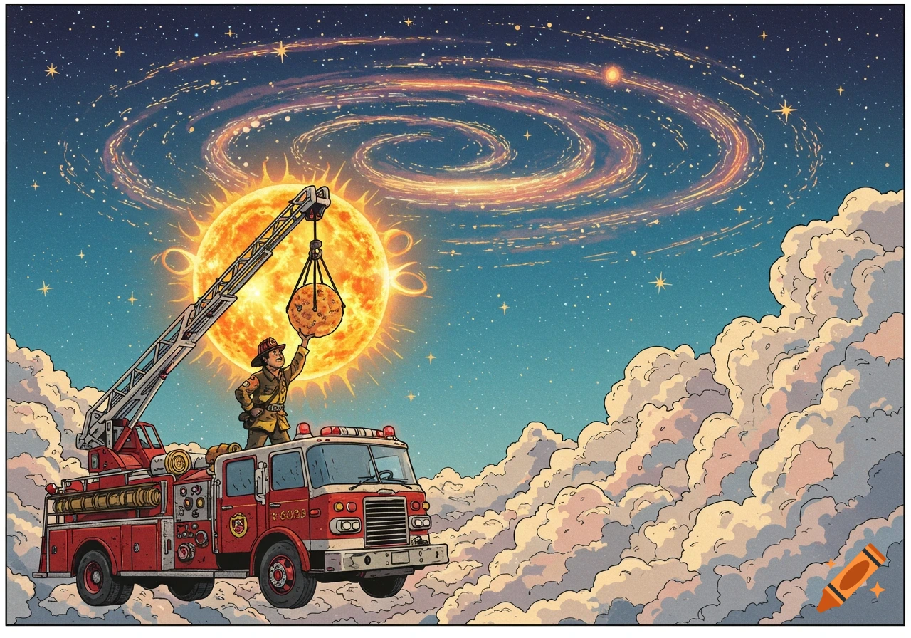 Illustration of a firefighter on a fire truck in space placing the sun, with clouds and a spiral galaxy.