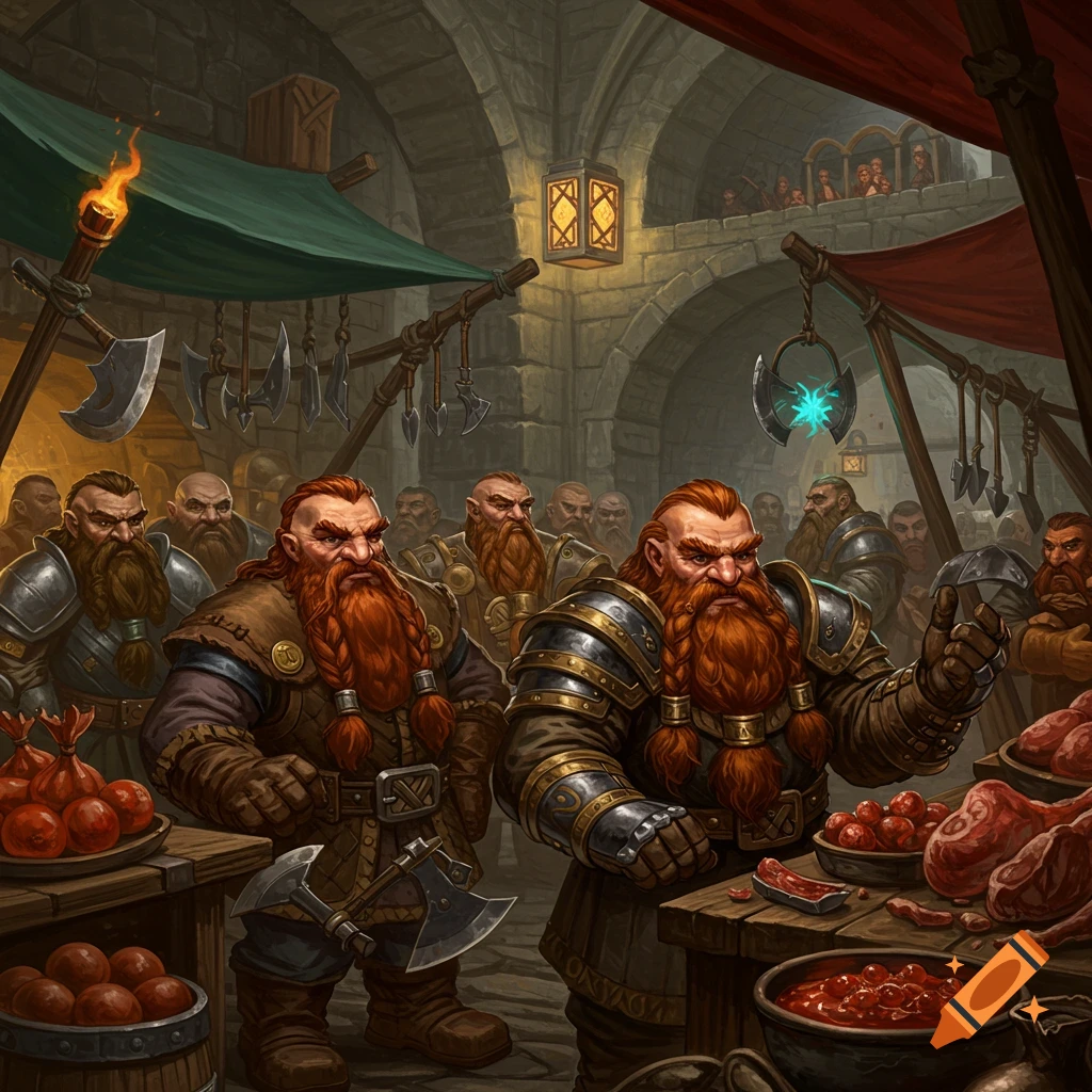Dwarves stand at market stalls filled with goods, axes hanging in the background.