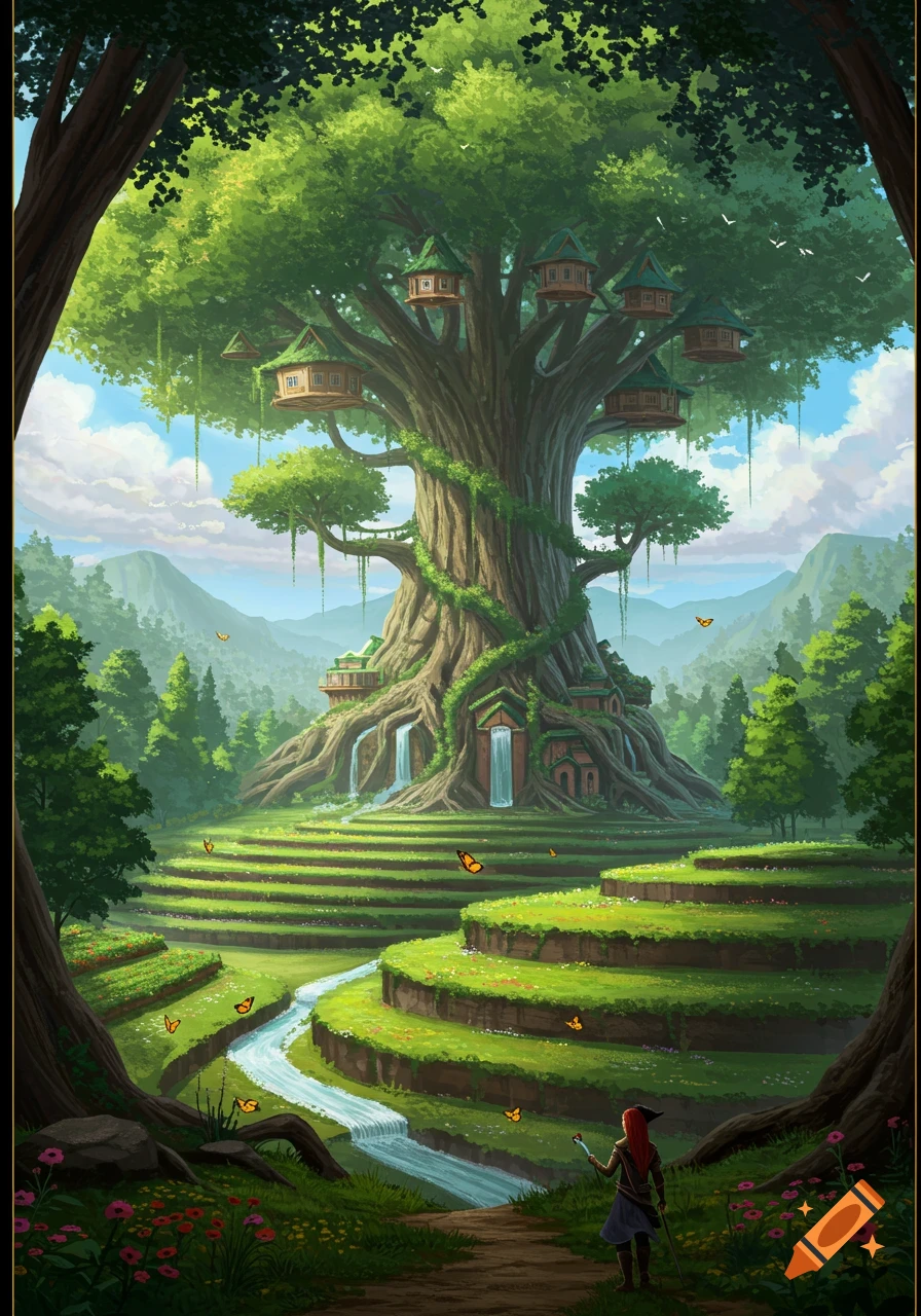 A large fantasy tree with treehouses overlooks terraced fields, a stream, and a person in a lush landscape.
