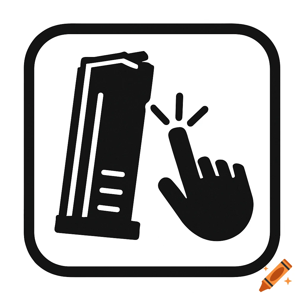 Black and white icon of a finger clicking a gun magazine.