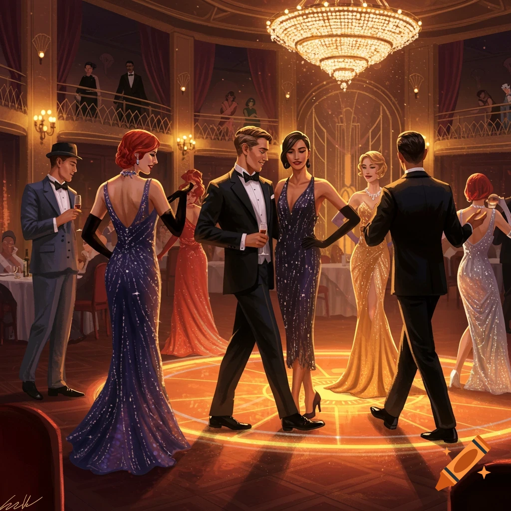 People dancing in a lavish ballroom wearing formal attire, art style