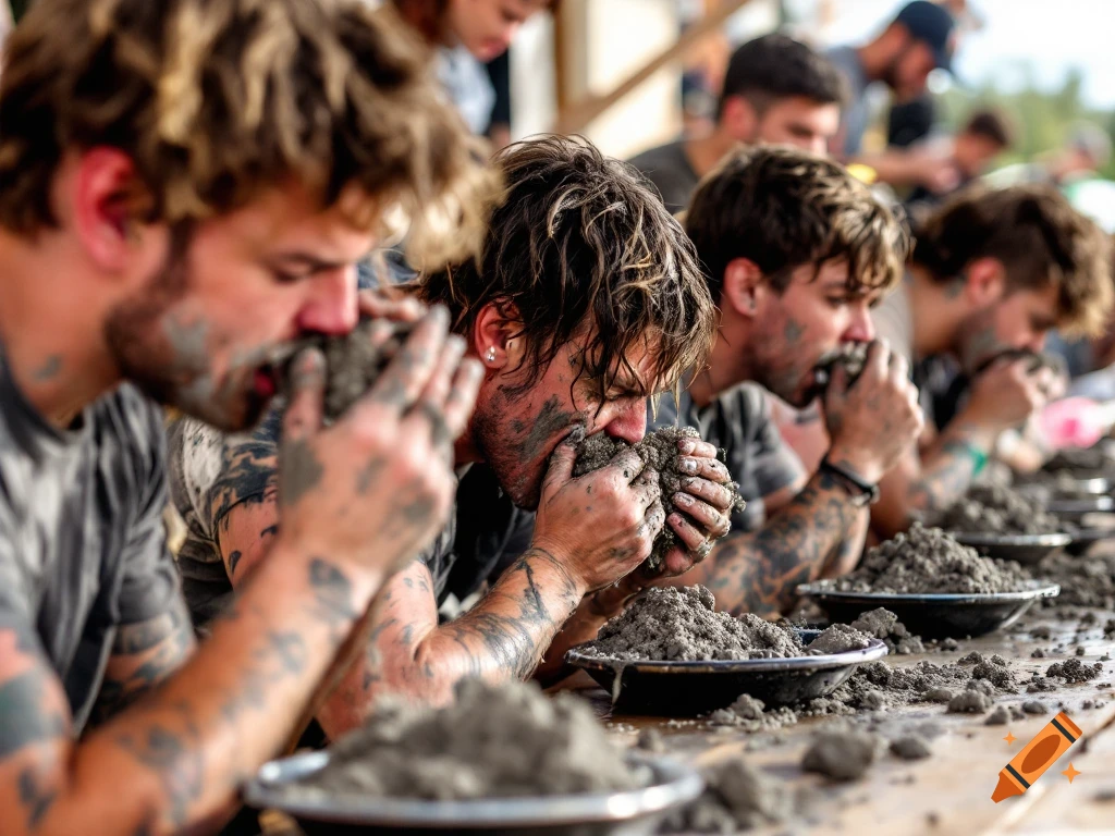 Close-up of several men in a row eating handfuls of dirt from bowls during a messy competition.