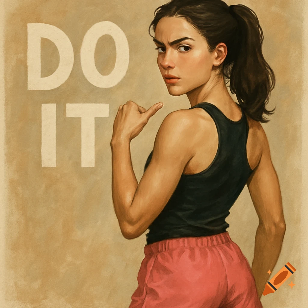 Illustration of a woman in athletic wear flexing with "DO IT" text behind her.