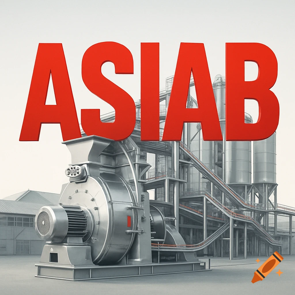 Large red text "ASIAB" sits over a detailed industrial machine and factory buildings in a photorealistic style.