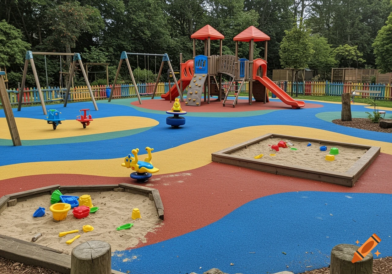 Colorful outdoor playground with swings, slides, sandboxes, and spring riders.