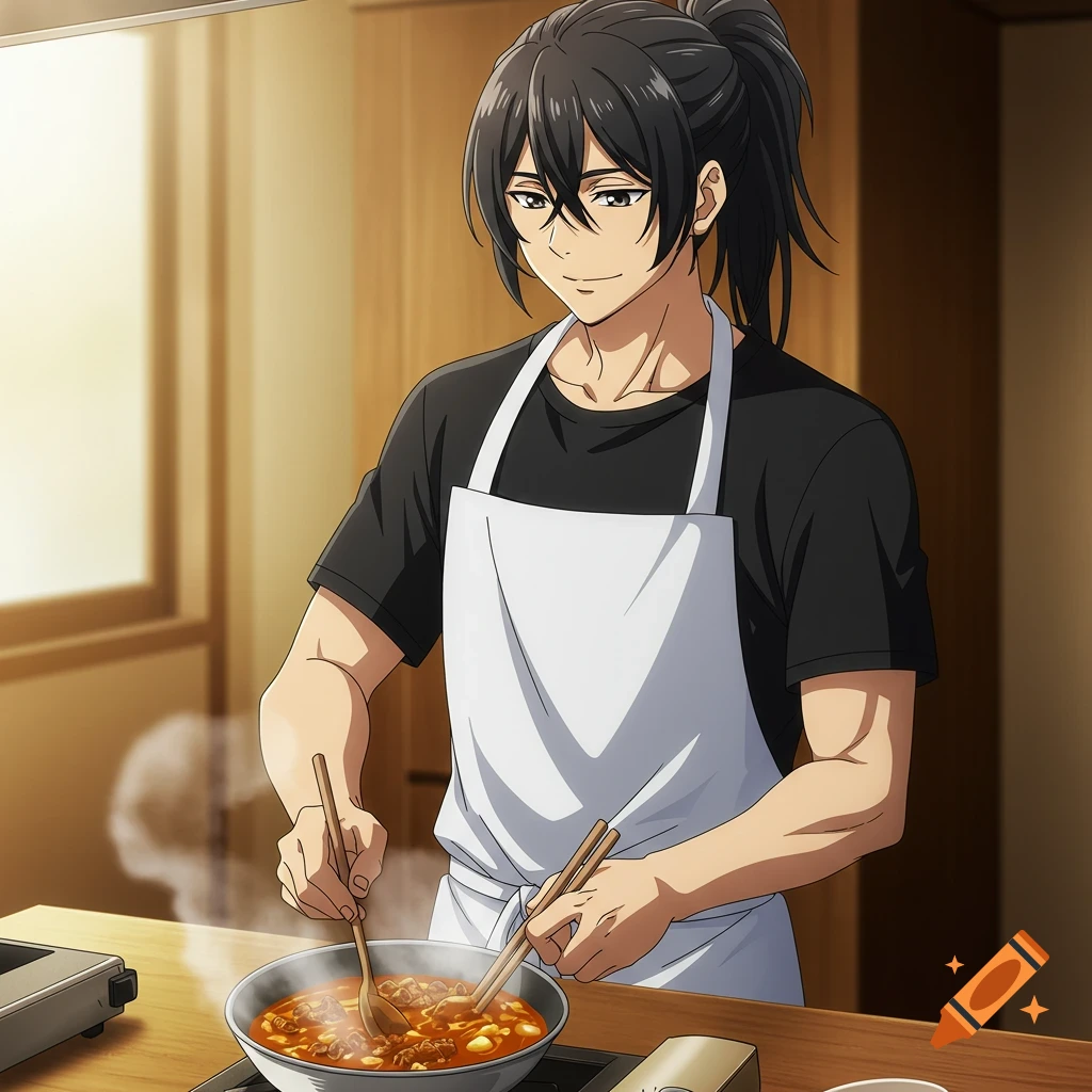 Anime man with black ponytail smiling and cooking in a kitchen.