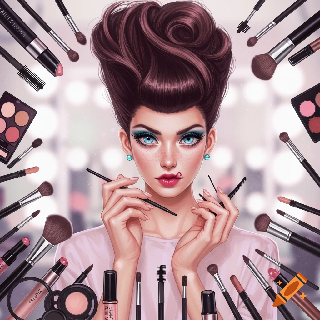 Illustration of a woman with elaborate hair and blue eyeshadow applying makeup, surrounded by brushes and products.