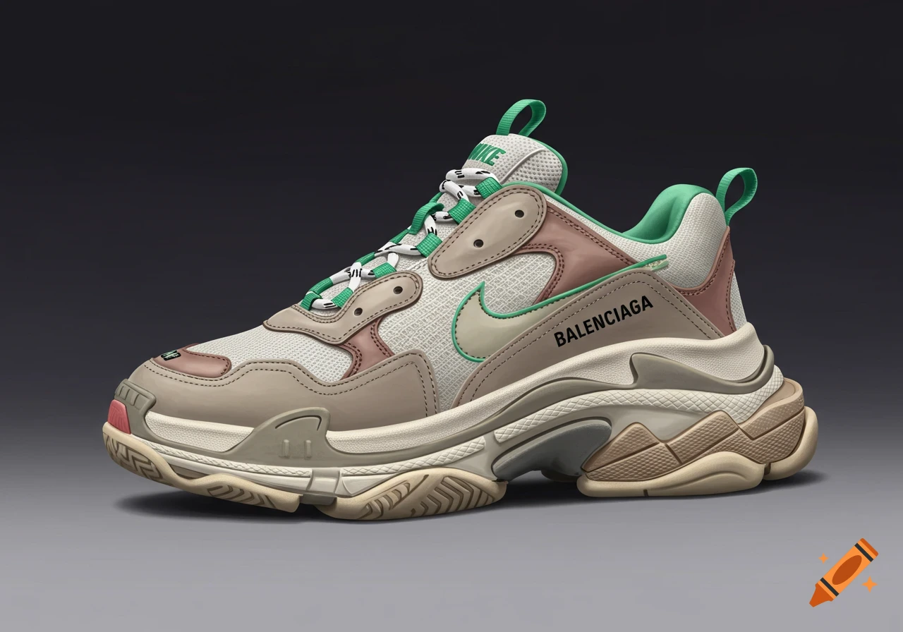 A beige and green sneaker combining design elements of Nike and Balenciaga.
