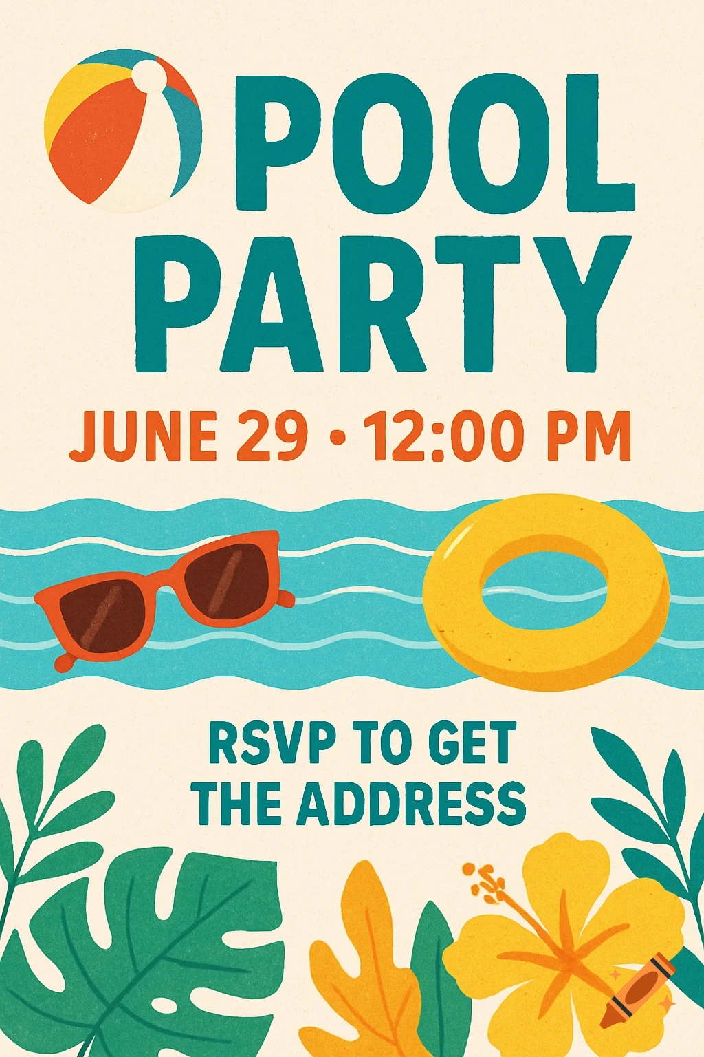 Illustrated pool party invitation with text 'Pool Party, June 29, 12:00 PM, RSVP to get the address', beach ball, sunglasses, ring float, and tropical leaves.