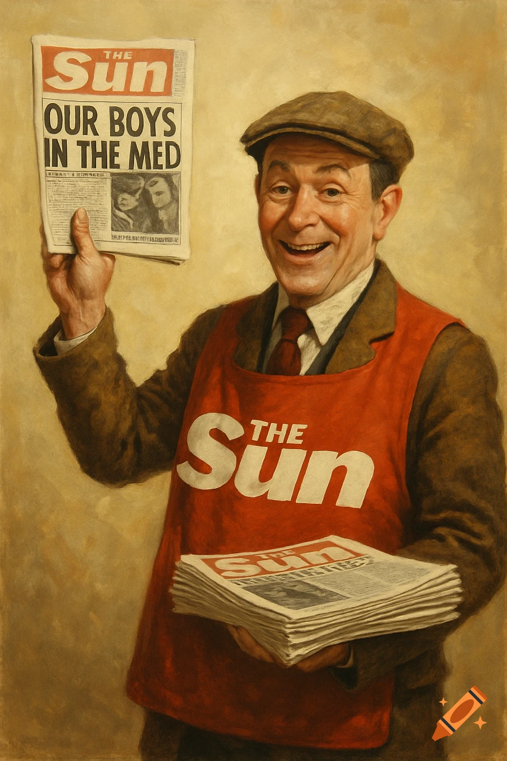 Painting of a smiling man in a cap and apron holding a Sun newspaper and a stack of papers