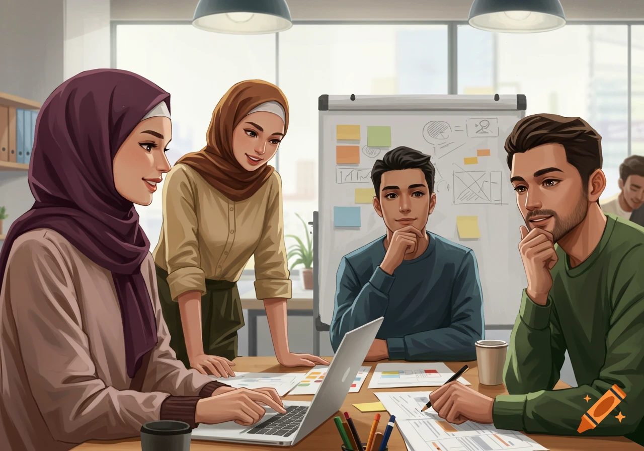 A team of people, including women in hijabs, collaborate around a table with a laptop and documents in an office.