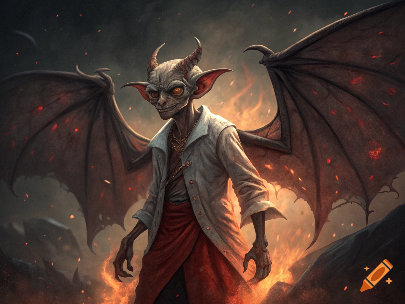 A demonic creature with large bat wings and horns stands in front of fire, wearing a coat and skirt.