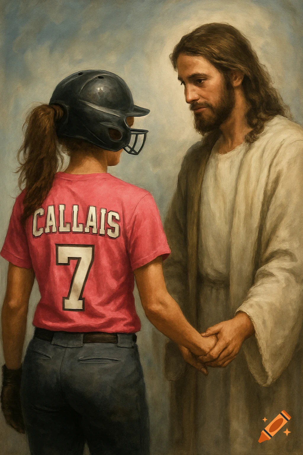 A softball player wearing a pink shirt with 'CALLAIS 7' and a helmet holds hands with Jesus in a painted style.