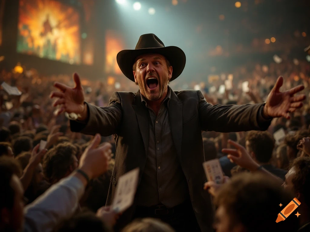 Man in cowboy hat on stage throwing tickets to a cheering concert crowd