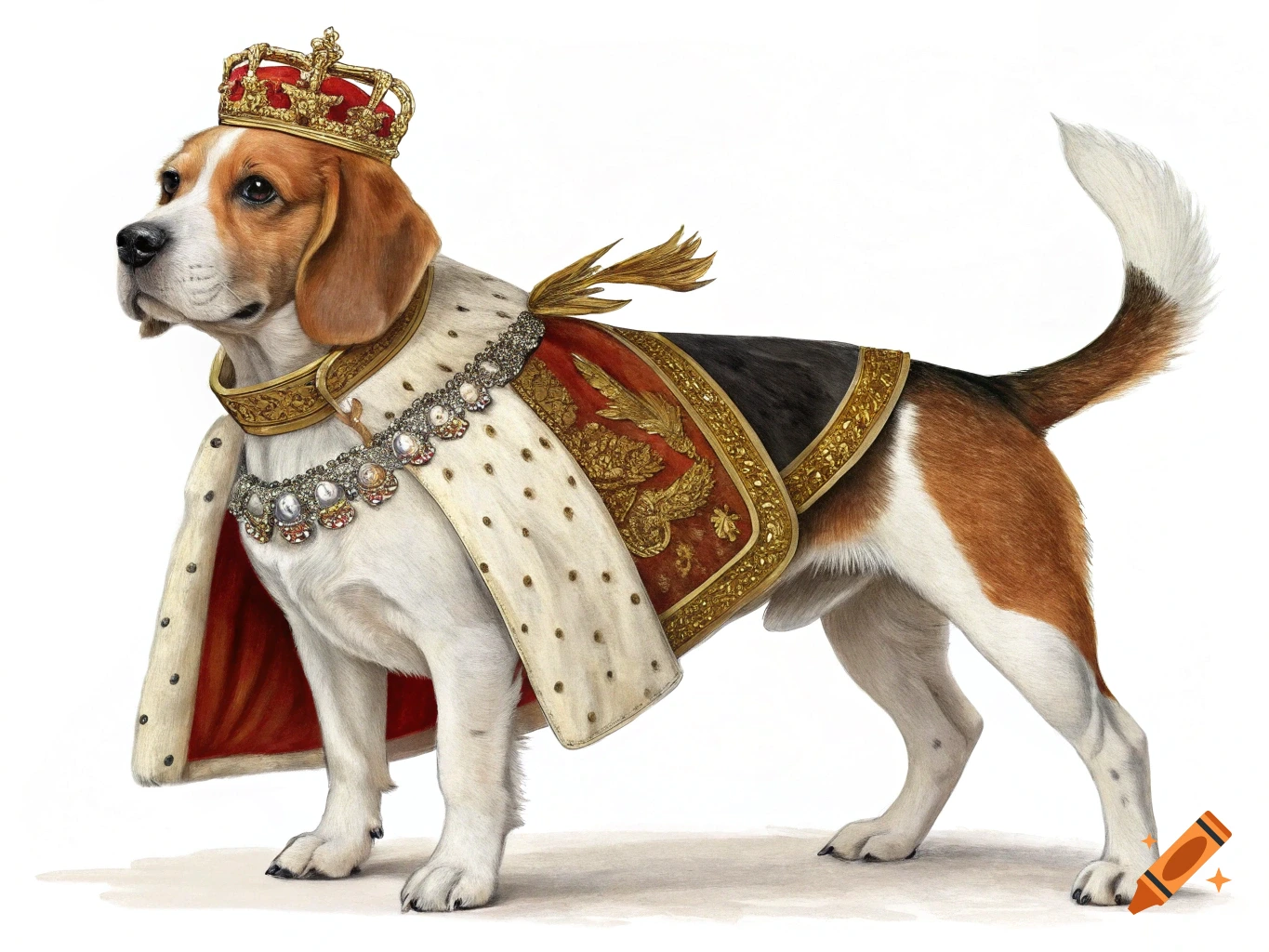 A beagle dog wearing a crown and royal robe