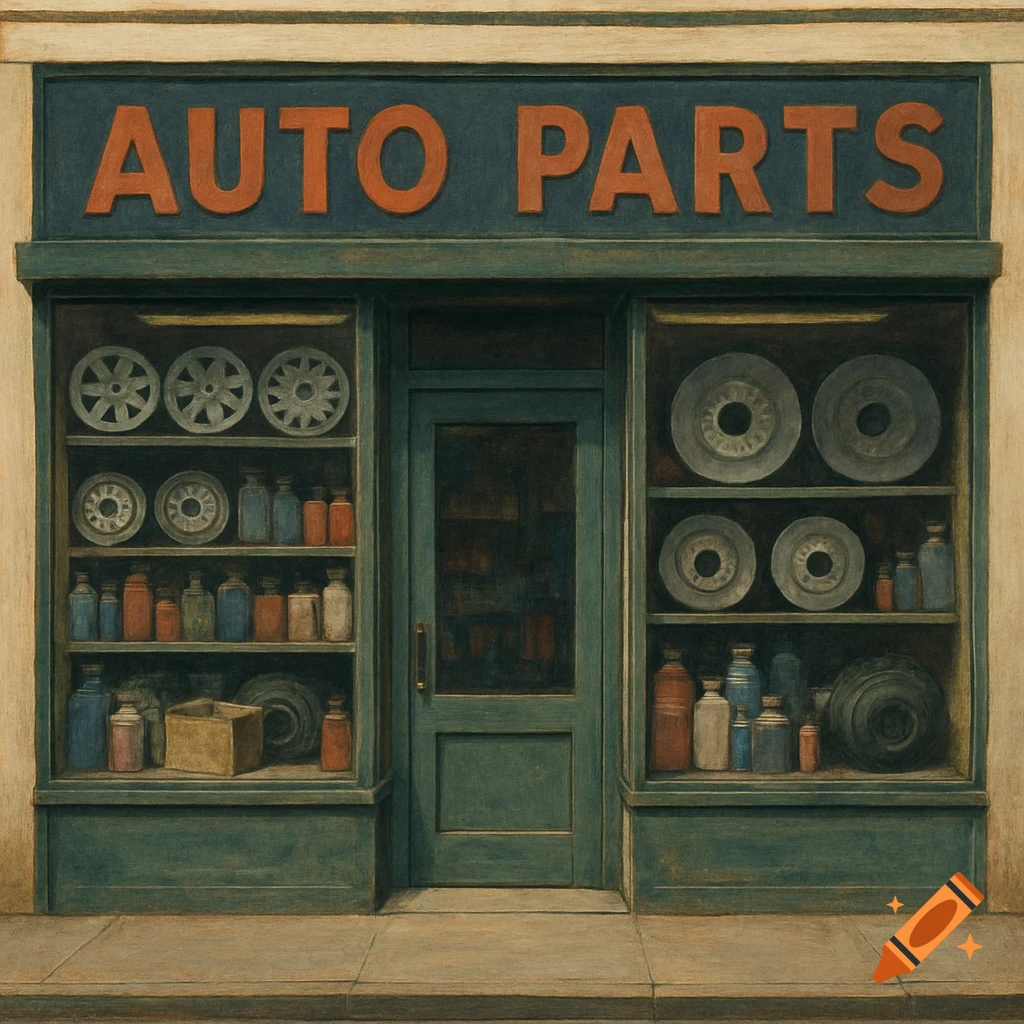 A painting of an auto parts store facade with wheels and bottles in the windows.