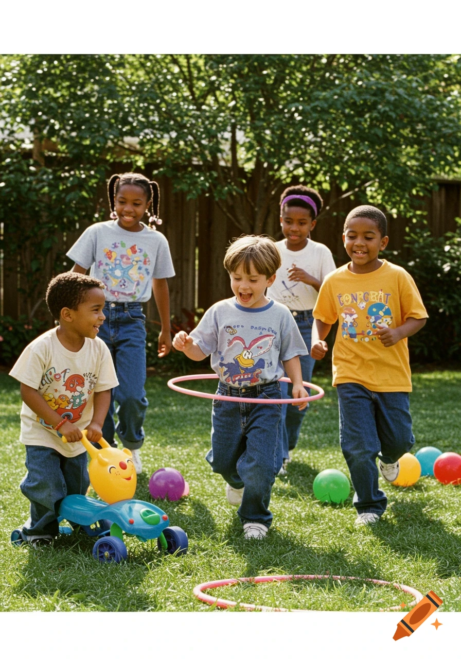 Diverse children play with hula hoops and a toy car in a sunny backyard.