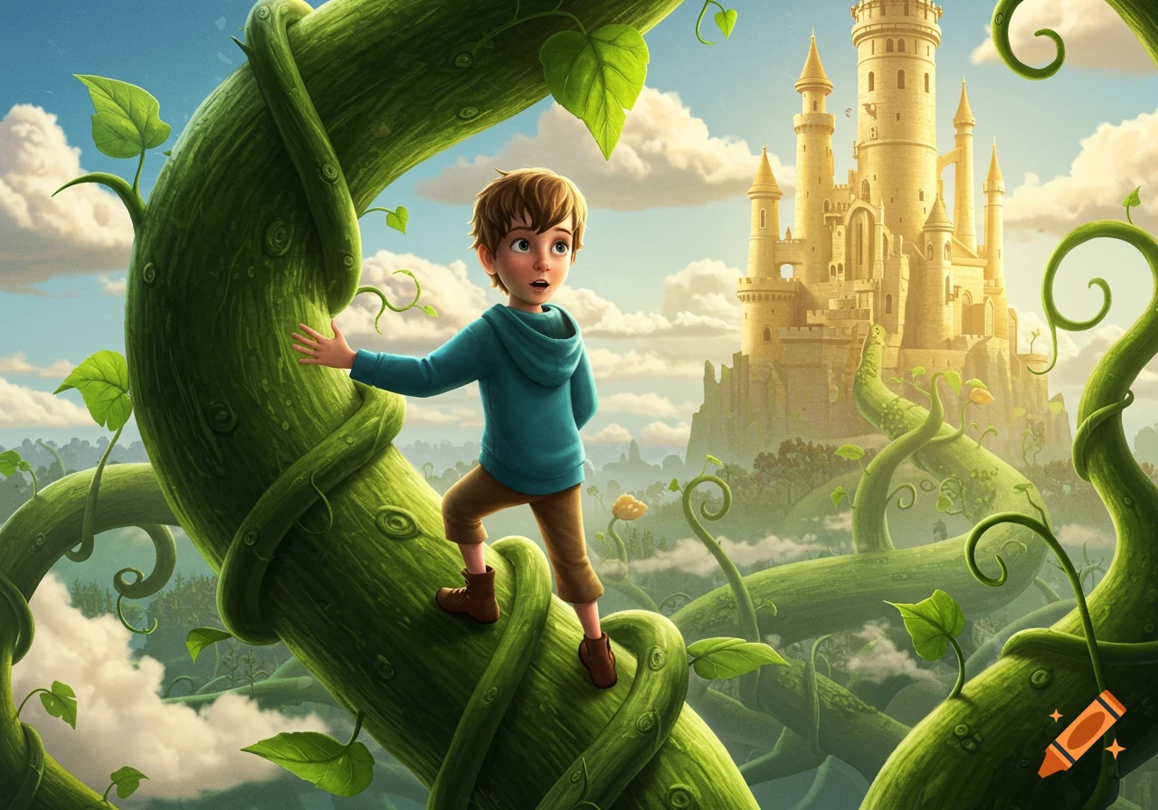 Illustration of a young boy climbing a giant beanstalk towards a castle in the sky.
