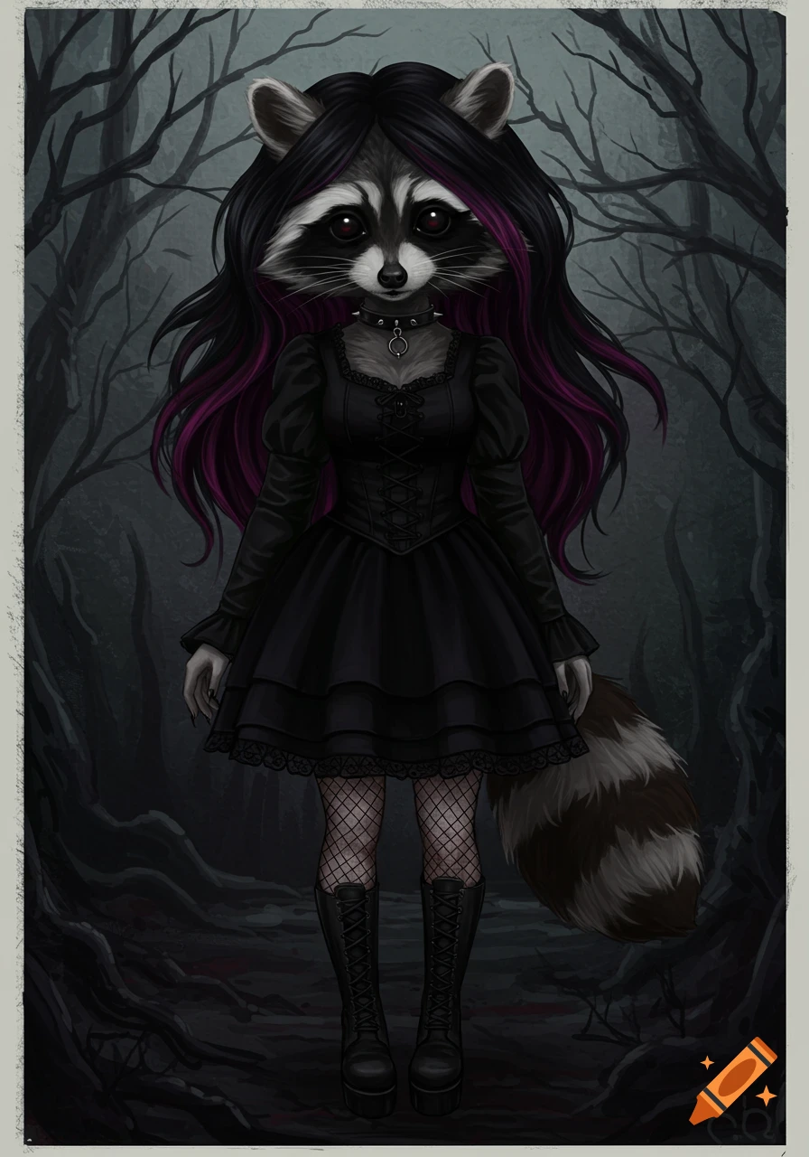 A gothic raccoon girl in a black dress stands in a dark forest.
