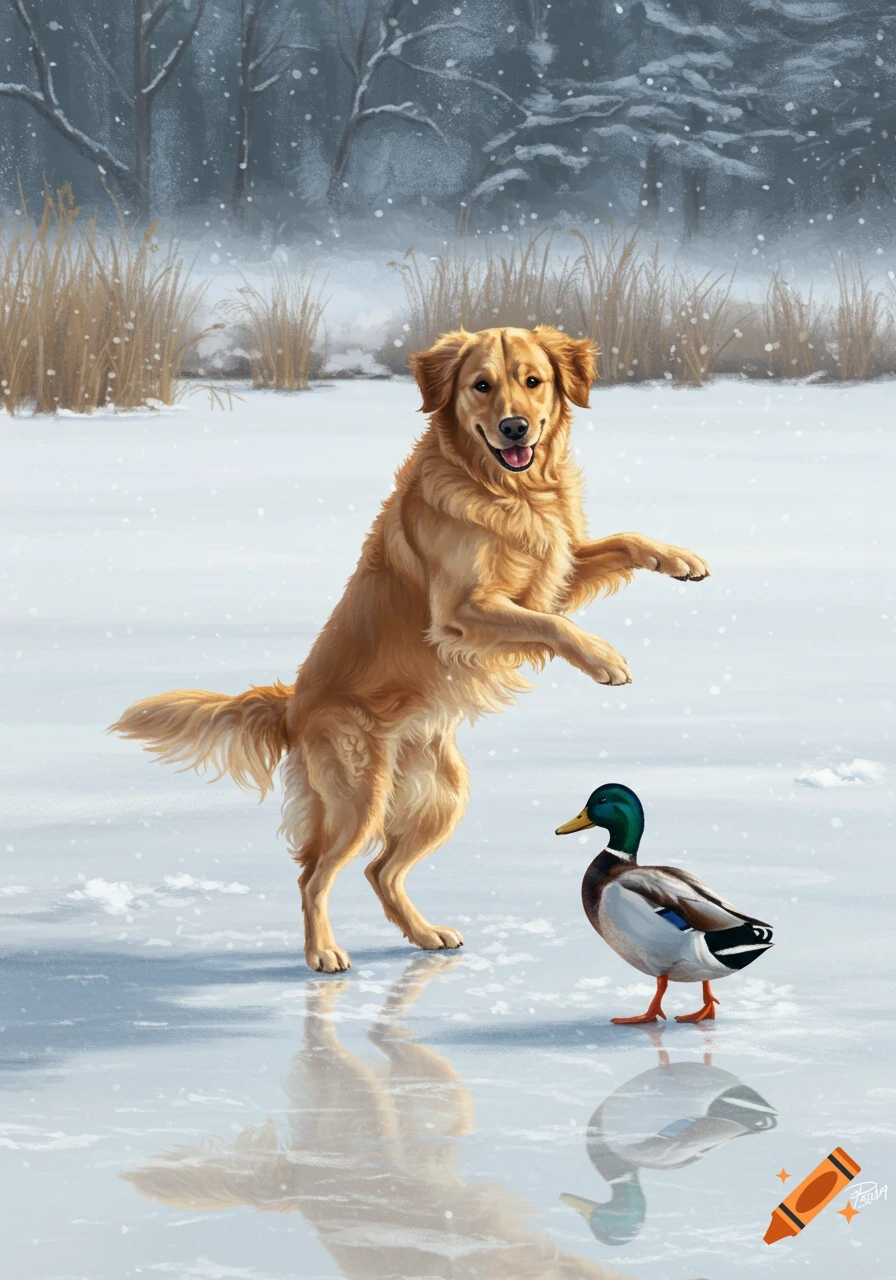 A golden retriever stands on its hind legs facing a mallard duck on a frozen lake with snow falling, digital painting.