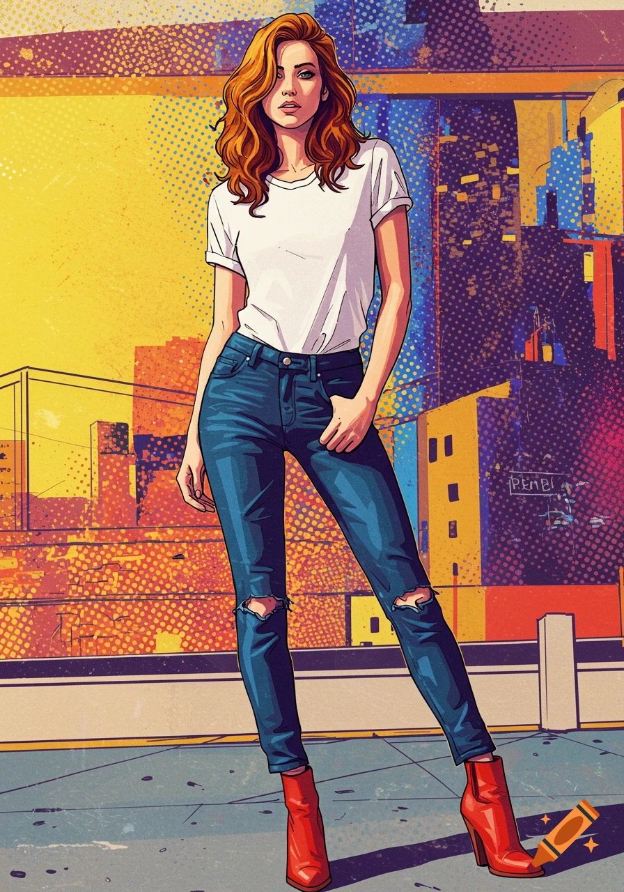 A woman in a white t-shirt and ripped jeans with red boots stands in front of a vibrant pop art city background.