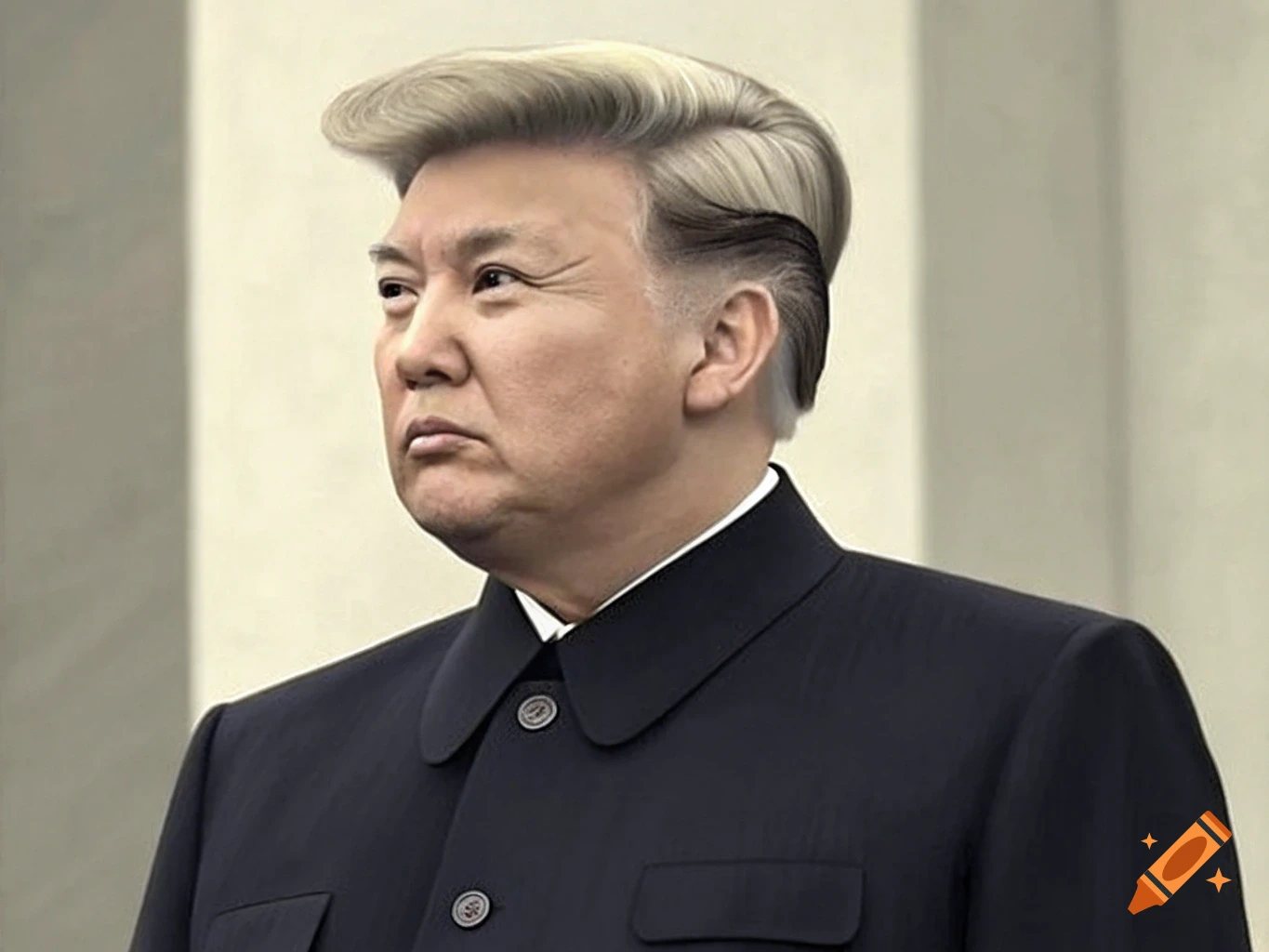 Portrait of a man combining features of Donald Trump and Kim Jong Un, wearing a dark suit.